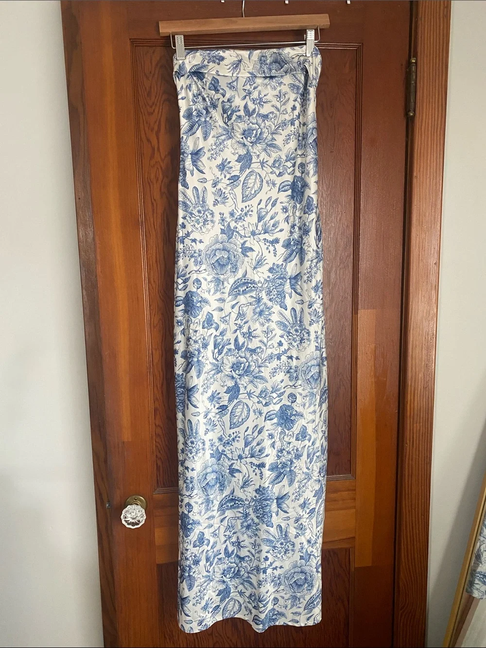 Peppermayo White and Blue Floral Strapless Maxi Dress